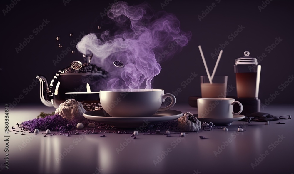  a cup of tea with steam rising out of it and a teapot with a kettle on the side and a cup of tea on