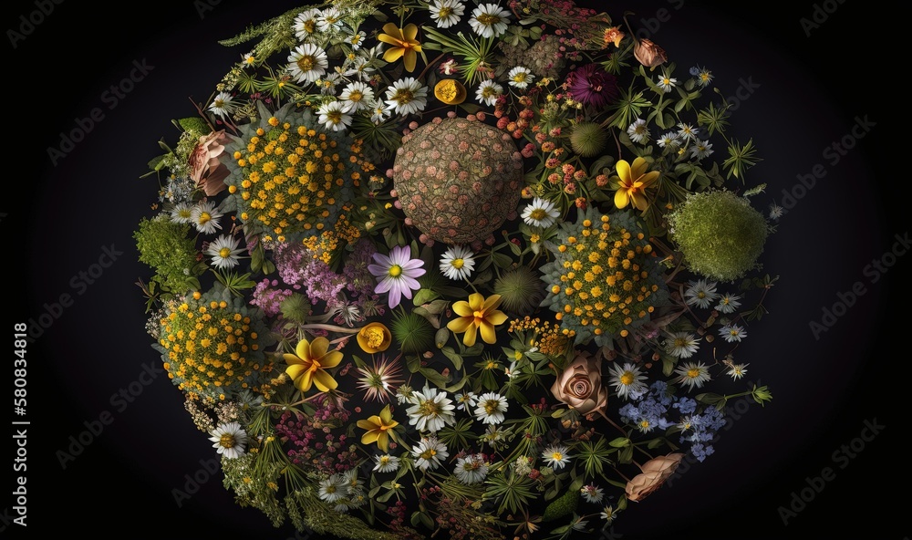  a circular arrangement of wildflowers and thistles on a black background with a black background an