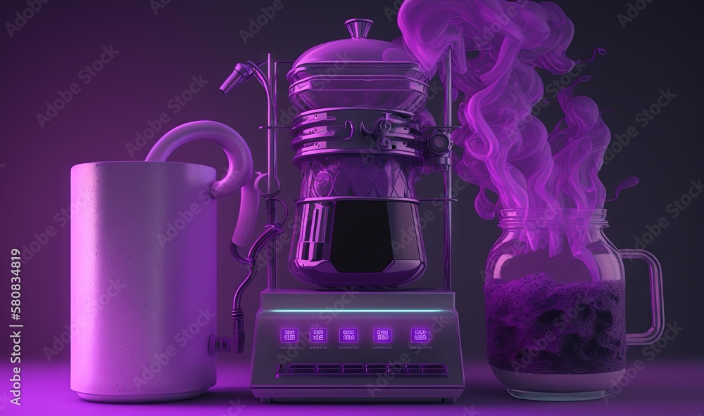  a blender and a cup of liquid on a purple background with smoke coming out of the top of the blende