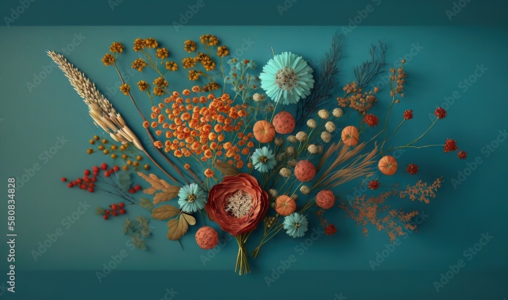  a bouquet of flowers and feathers on a blue background with oranges and blue flowers in the center 