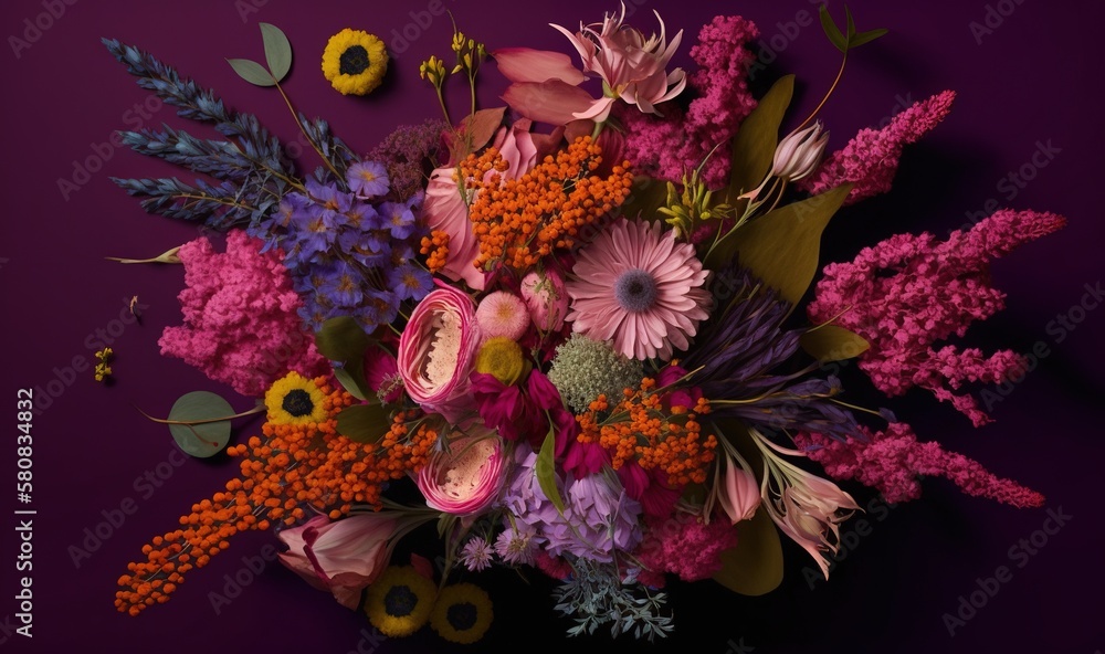  a bouquet of flowers on a purple background with leaves and flowers in the center of the bouquet, w