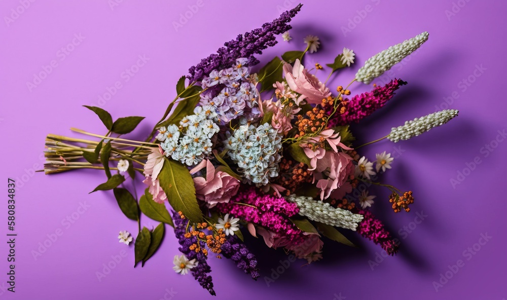  a bouquet of flowers on a purple background with leaves and flowers in the center of the bouquet, t