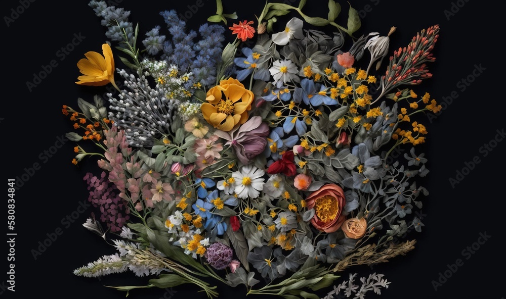  a bunch of flowers that are on a black background with a black background and a black background wi