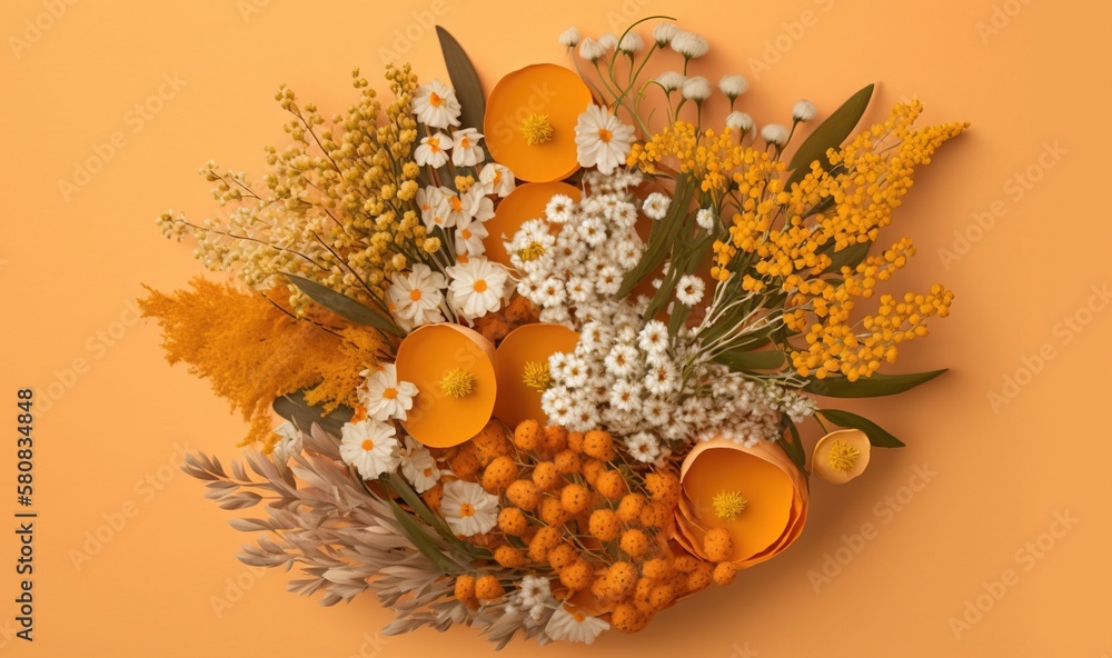  a bouquet of flowers and oranges on an orange background with white and yellow flowers on the top o