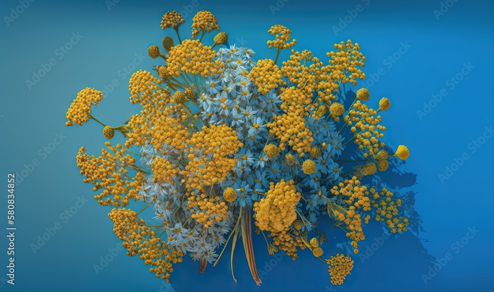  a bouquet of yellow and blue flowers on a blue background with a blue background and a blue backgro