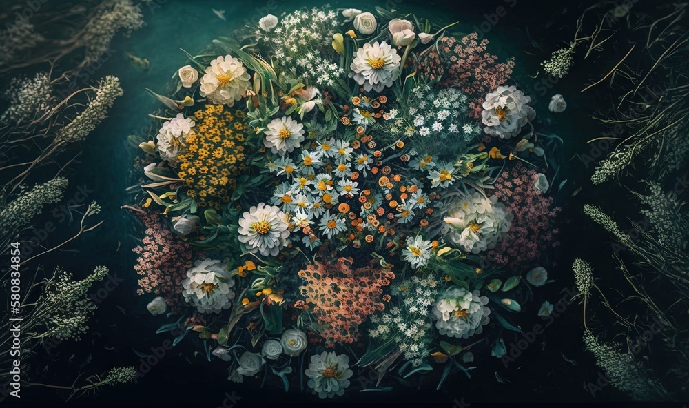  a painting of a bunch of flowers on a black background with a green border around the center of the