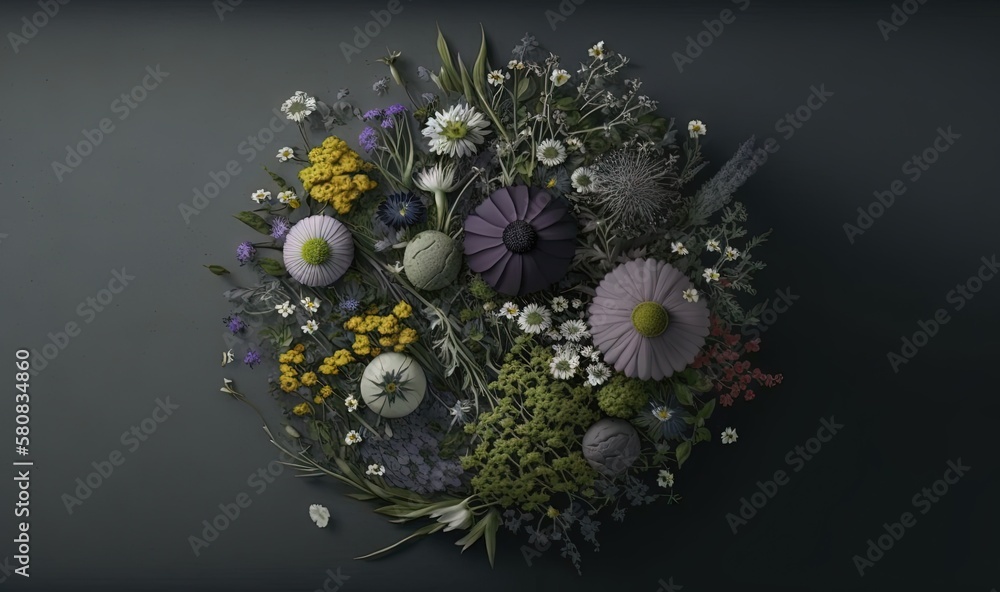  a circular arrangement of flowers on a dark background with a clock in the middle of the arrangemen