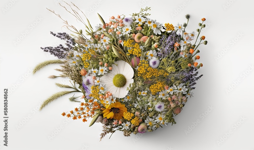  a bouquet of wild flowers arranged in a circular arrangement on a white background with a white bac