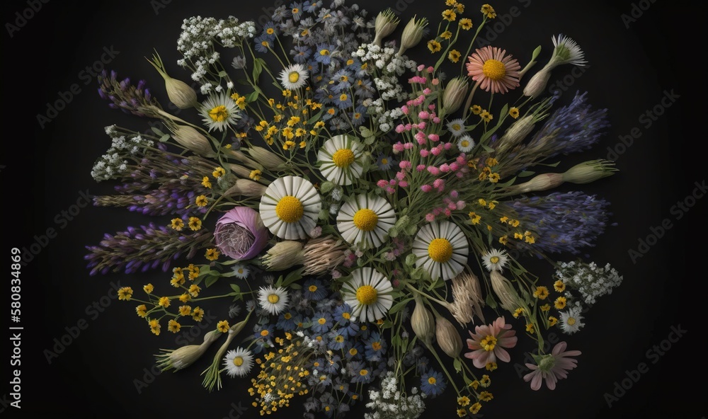  a bouquet of wildflowers and other flowers arranged in a circle on a black background with space fo