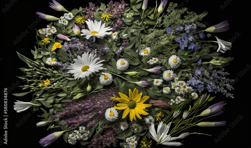  a bouquet of wildflowers, daisies, and other flowers are arranged in a circular arrangement on a bl