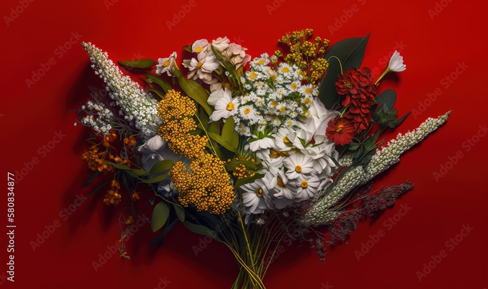  a bouquet of flowers on a red background with leaves and flowers in the center of the bouquet, with