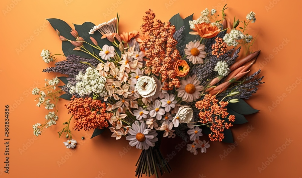  a bouquet of flowers on an orange background with leaves and flowers on it, arranged in the shape o