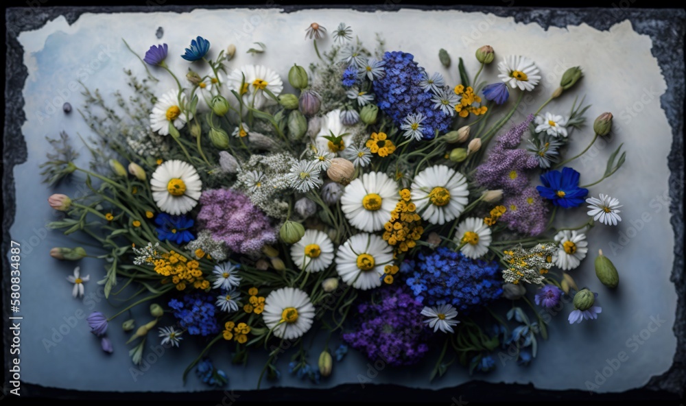  a bouquet of wildflowers and other flowers on a blue background with a black border around the edge