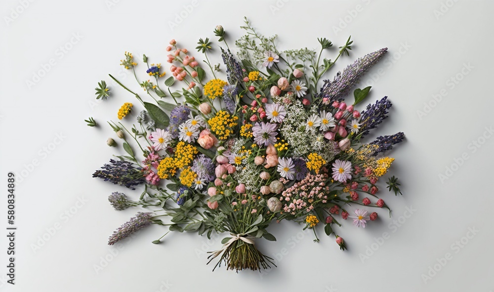  a bouquet of wildflowers and other flowers on a white background with a bow around the center of th