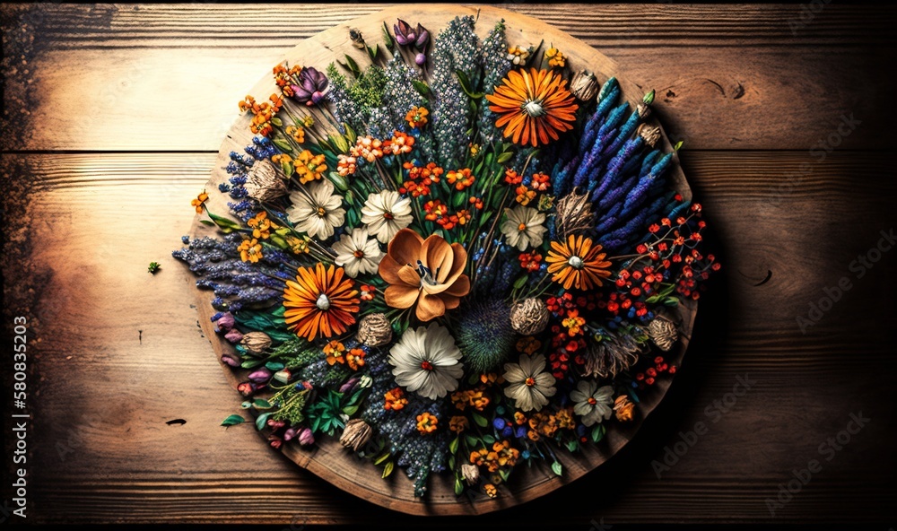  a wooden plate with a bunch of different flowers on it on a wooden table with a wood background and