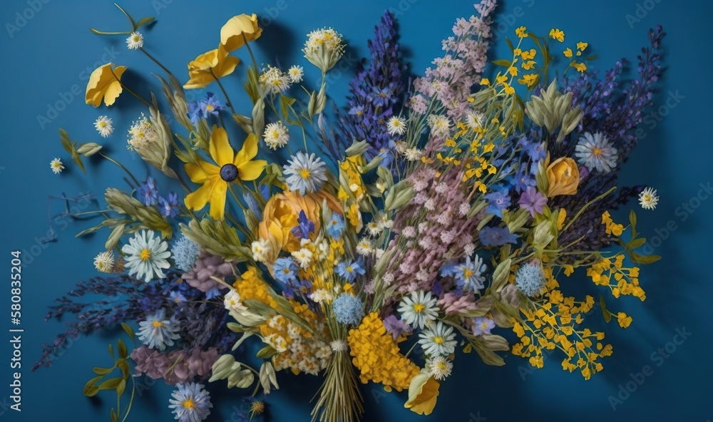  a bunch of flowers that are on a blue surface with yellow and purple flowers in the middle of the p