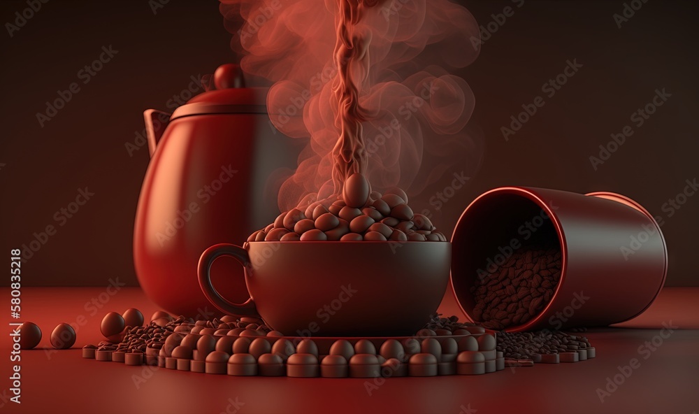  a steaming cup of coffee next to a bowl of beans and a kettle of coffee on a red surface with smoke