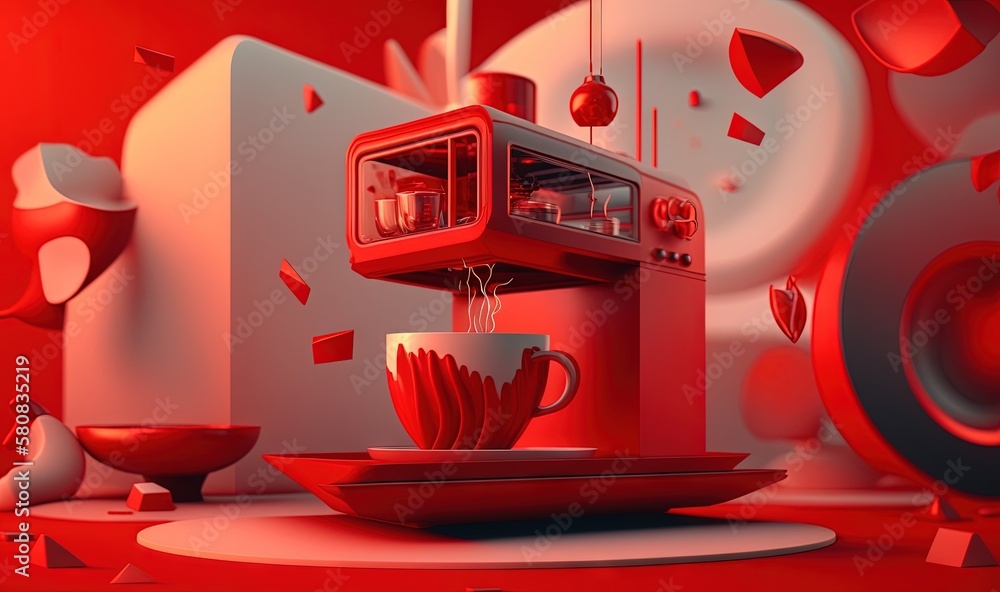  a red coffee maker with a cup on a plate and a speaker on a red background with white circles aroun