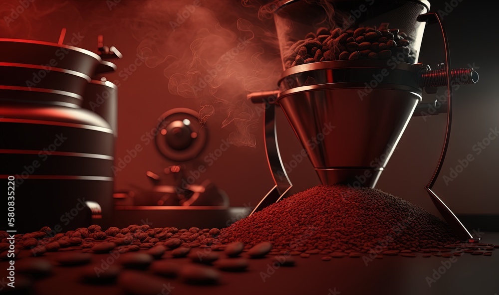  a red blender sitting on top of a table next to a pile of red beans and a red smokestack on the flo