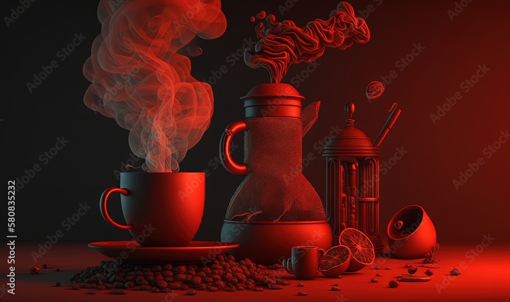  a red and black photo of a coffee pot and a cup of coffee with steam coming out of it and a red bac