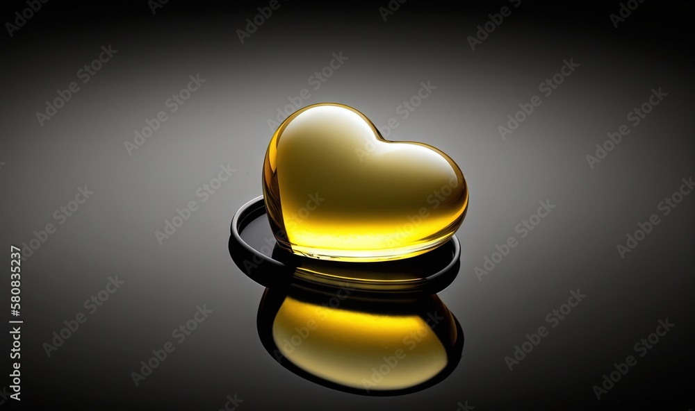  a heart shaped object sitting on top of a reflective surface with a reflection of the object in the