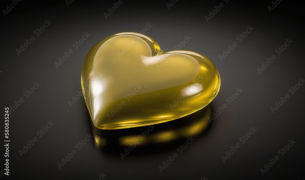  a yellow heart shaped object on a black surface with a reflection of the heart on the surface of th