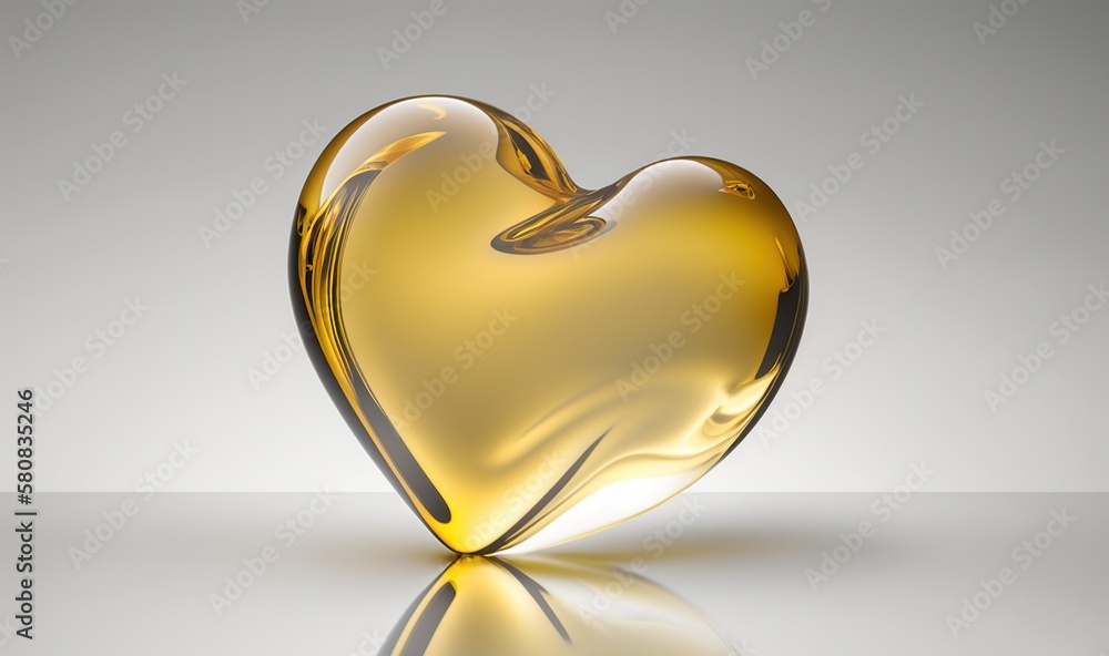  a glass heart shaped object on a reflective surface with a reflection of the heart in the middle of