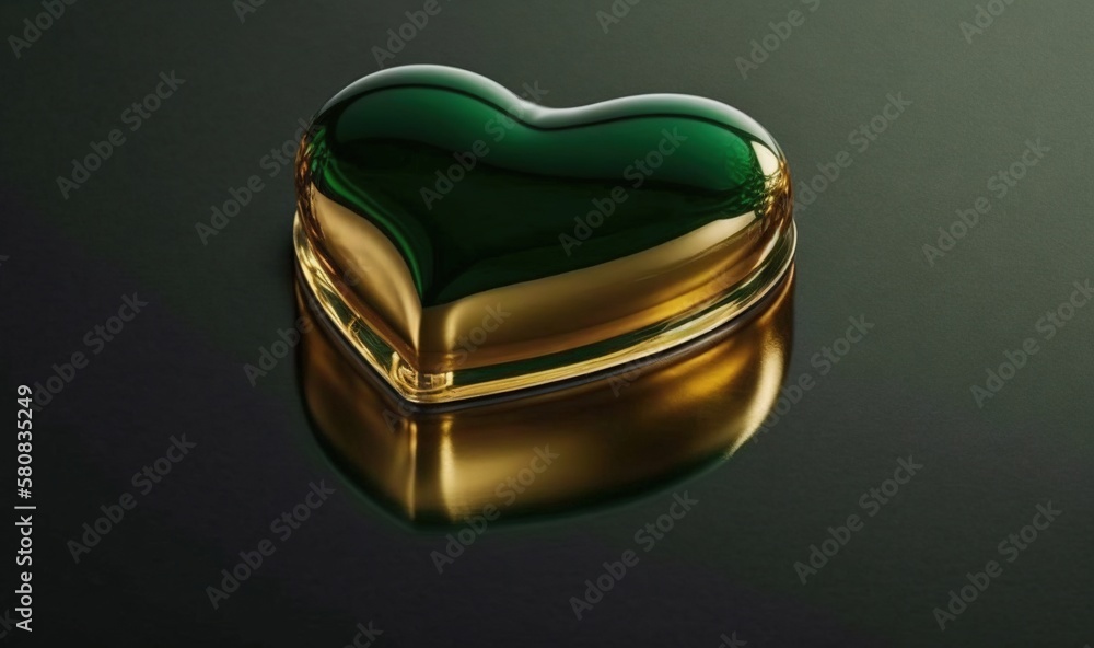  a green heart shaped box with a gold lid on a black background with a reflection of the heart on th