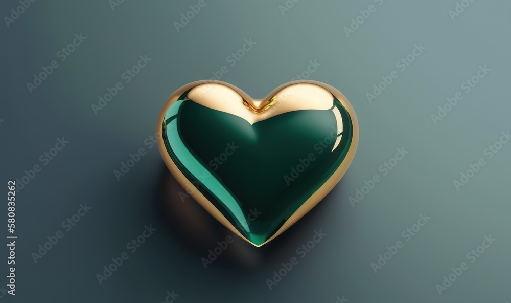  a green heart shaped object on a blue background with a gold border around it and a gold heart in t