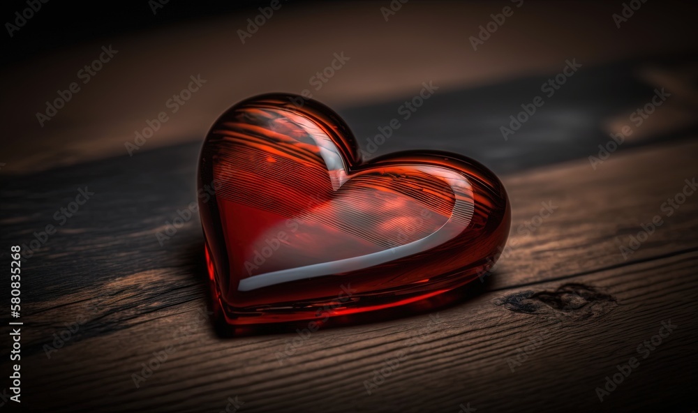  a red heart shaped object sitting on top of a wooden table next to a black wall and a wooden table 