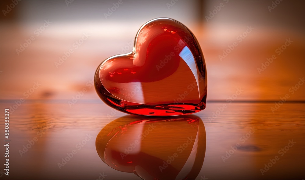  a red glass heart sitting on top of a wooden table next to a mirror reflection on the table top of 