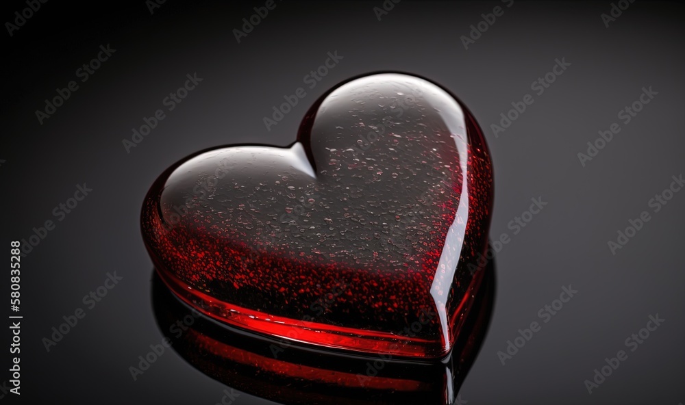  a red heart shaped object sitting on top of a black surface with water droplets on its surface and