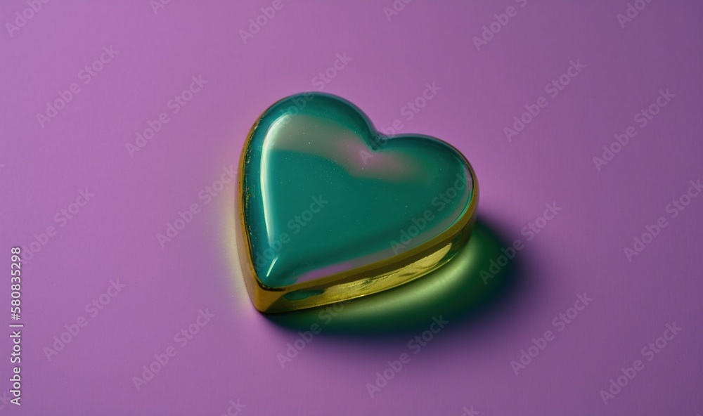  a green heart shaped ring on a purple background with a gold band and a light reflection on the sur