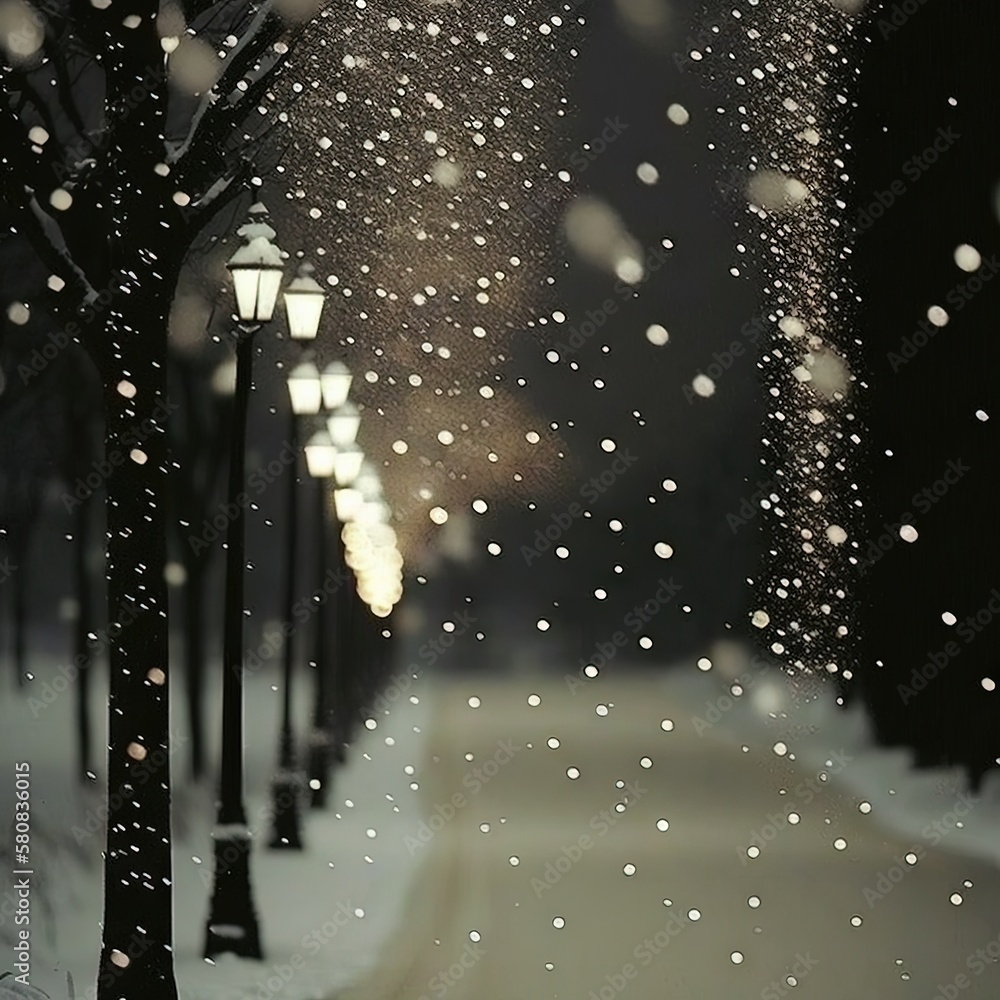  a snowy street with a lamp post and street light in the distance and snow falling on the ground and