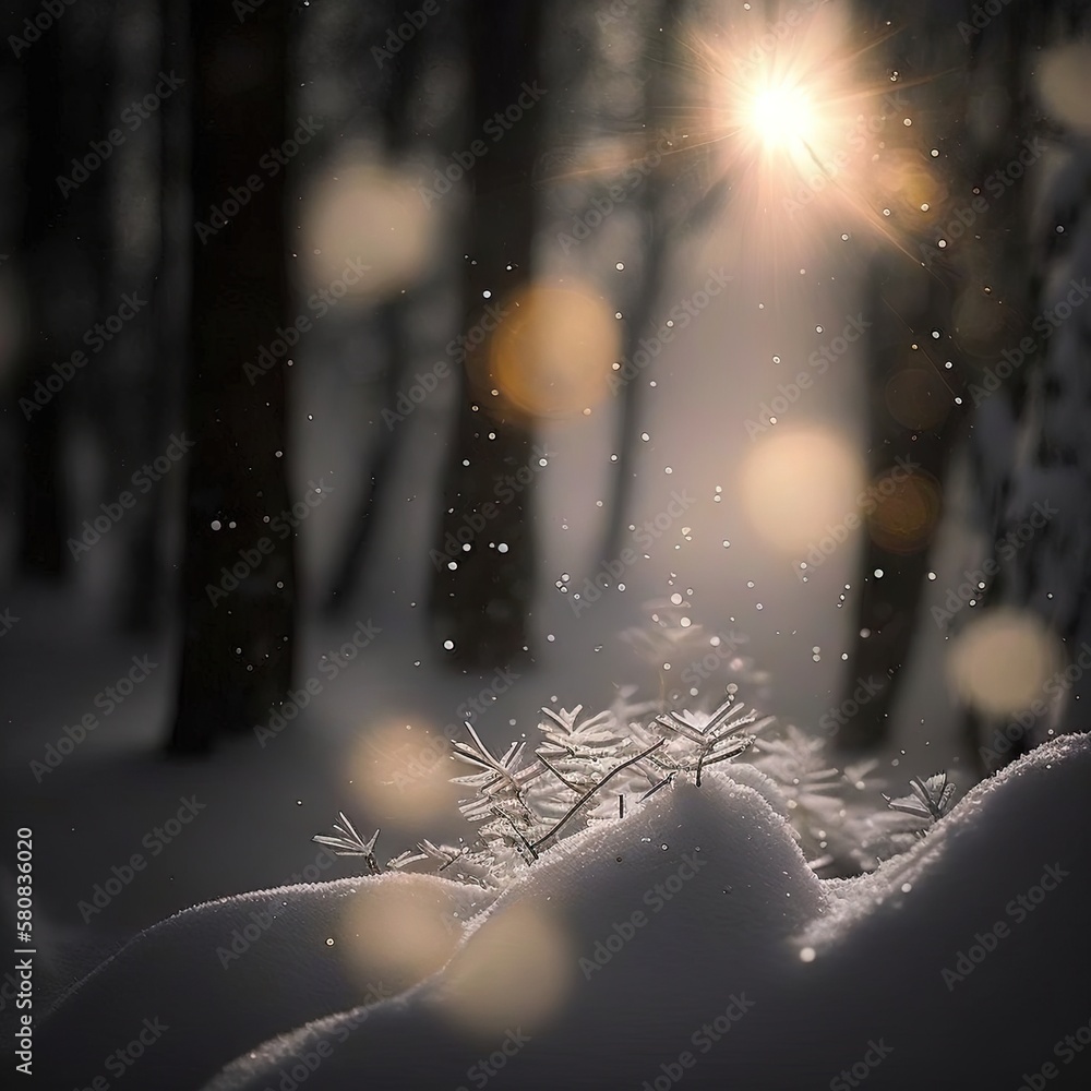  the sun shines brightly through the trees in the snowy woods, with snow flakes on the ground and on