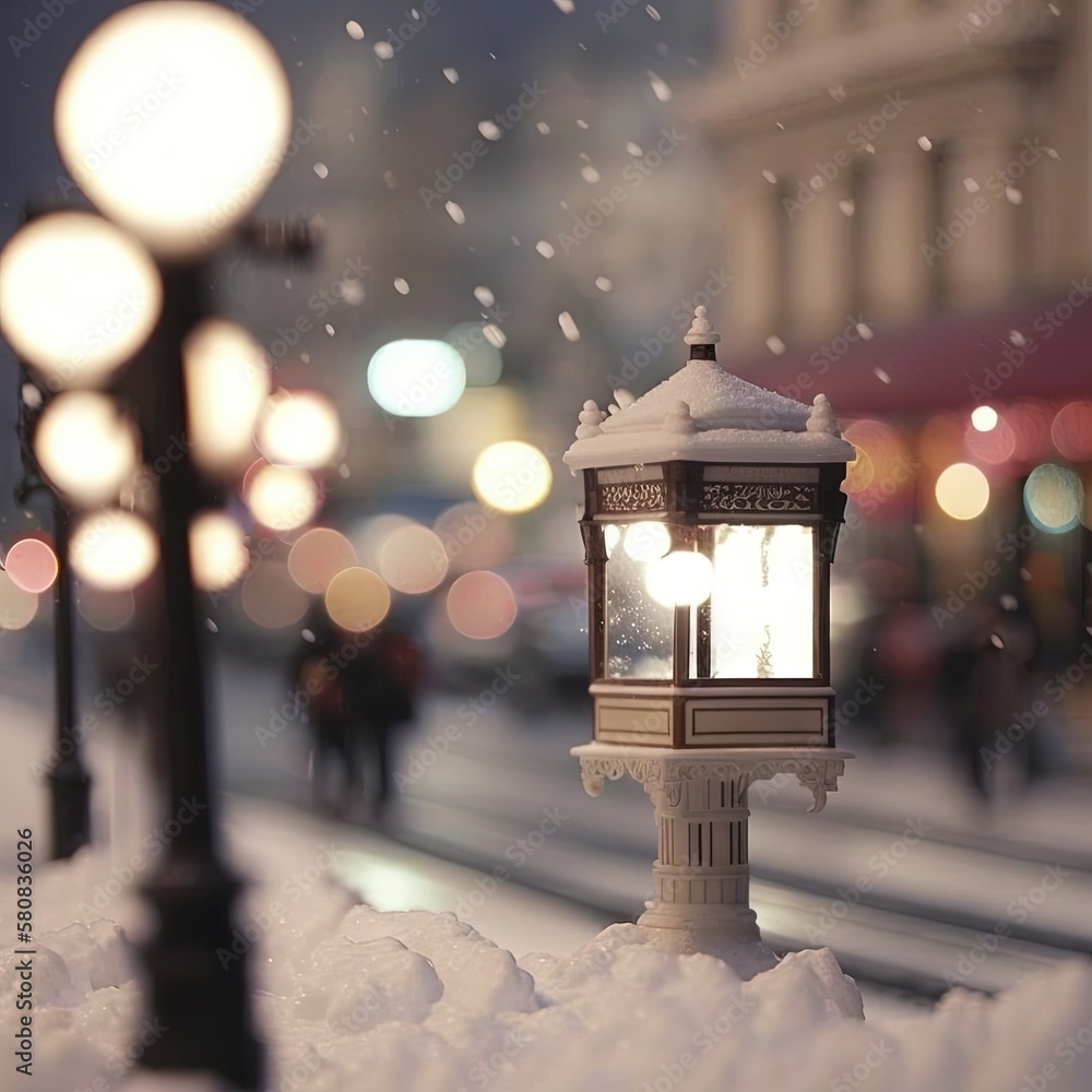  a street light covered in snow next to a street light with people walking on the street in the back