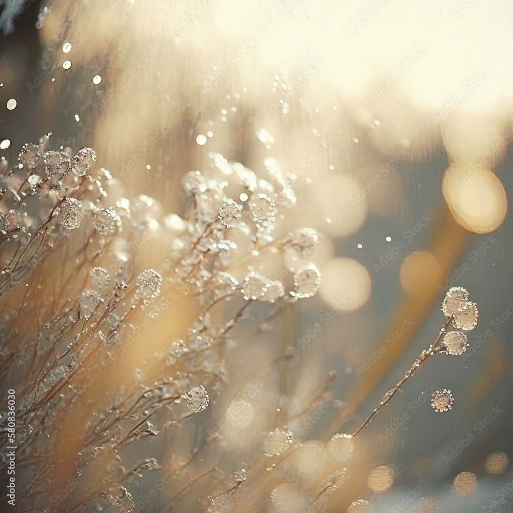  a close up of a plant with water droplets on its leaves and a blurry background of the leaves and 