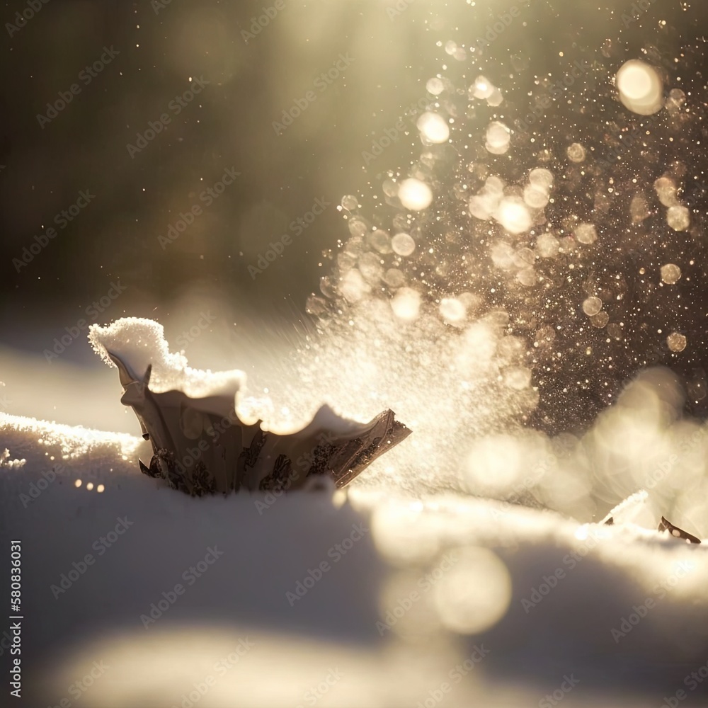  a sunbeam shines through the snow on a sunny day in the wintertime, with snow flakes on the ground,