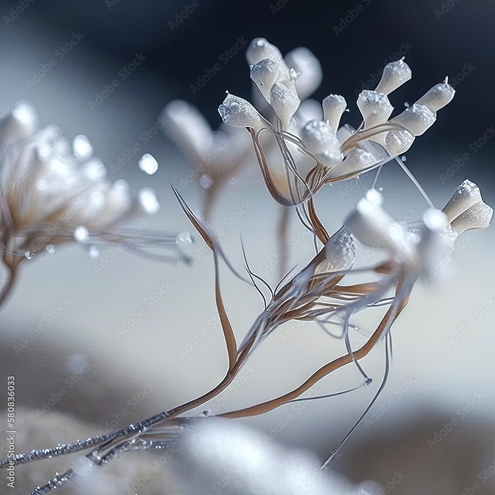  a close up of a plant with drops of water on its leaves and stems, with a blurry background of wat