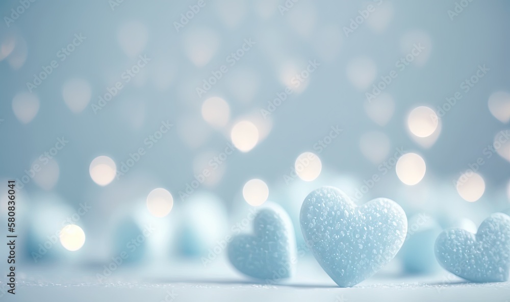  a group of white hearts sitting on top of a table next to a blue background with white lights in th