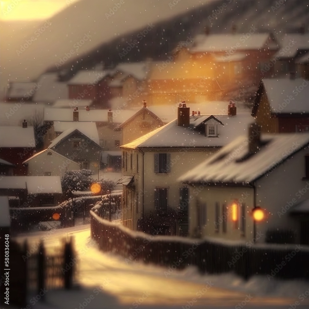  a snow covered town with a street light in the foreground and a mountain in the background with sno