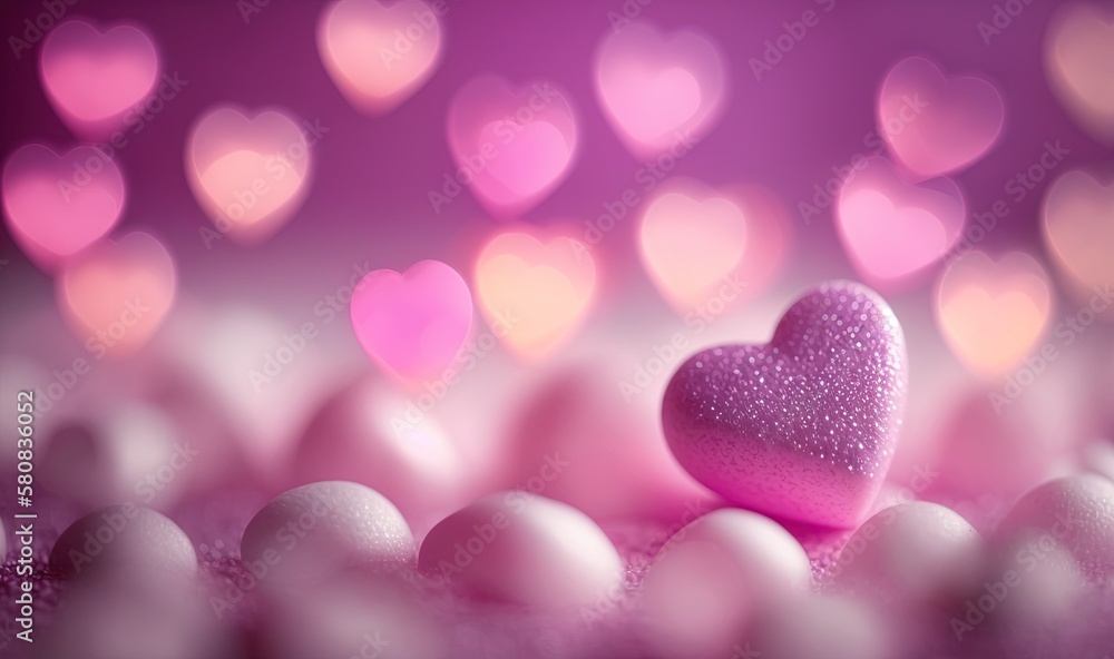  a pink heart surrounded by white balls and pink hearts on a pink and purple background with pink an