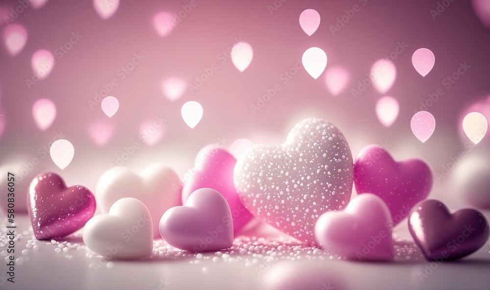  a bunch of hearts that are sitting on a table with some lights in the background and a pink backgro