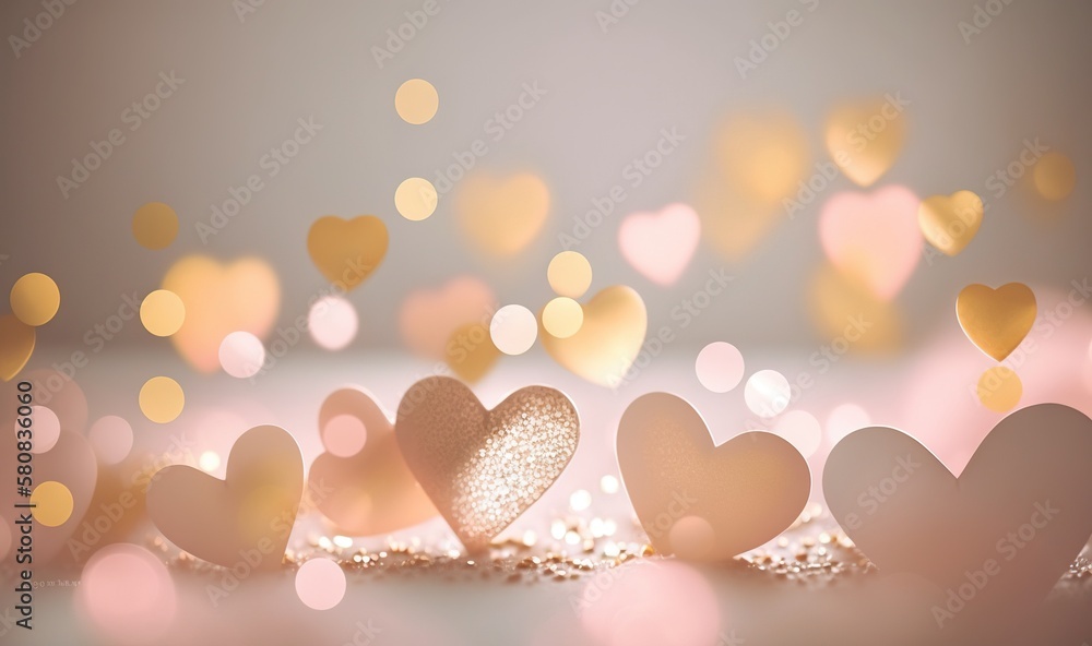  a group of hearts that are on a table with lights in the background and a blurry background behind 