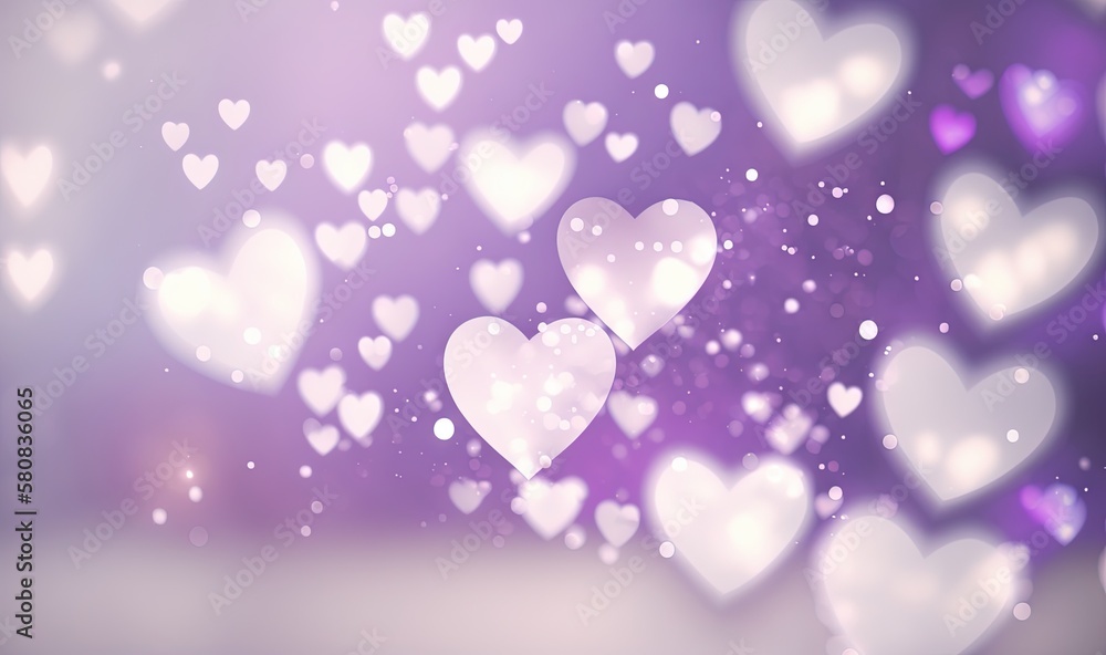  a bunch of hearts floating in the air on a blurry purple and white background with boke of light an