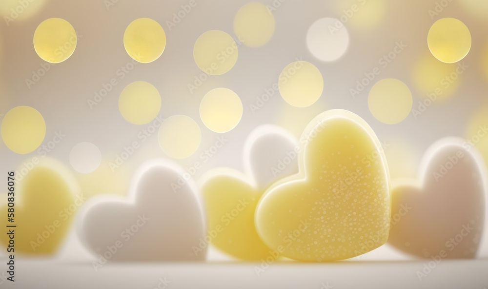  a group of heart shaped candies sitting on top of a table next to a wall of lights and boke of ligh