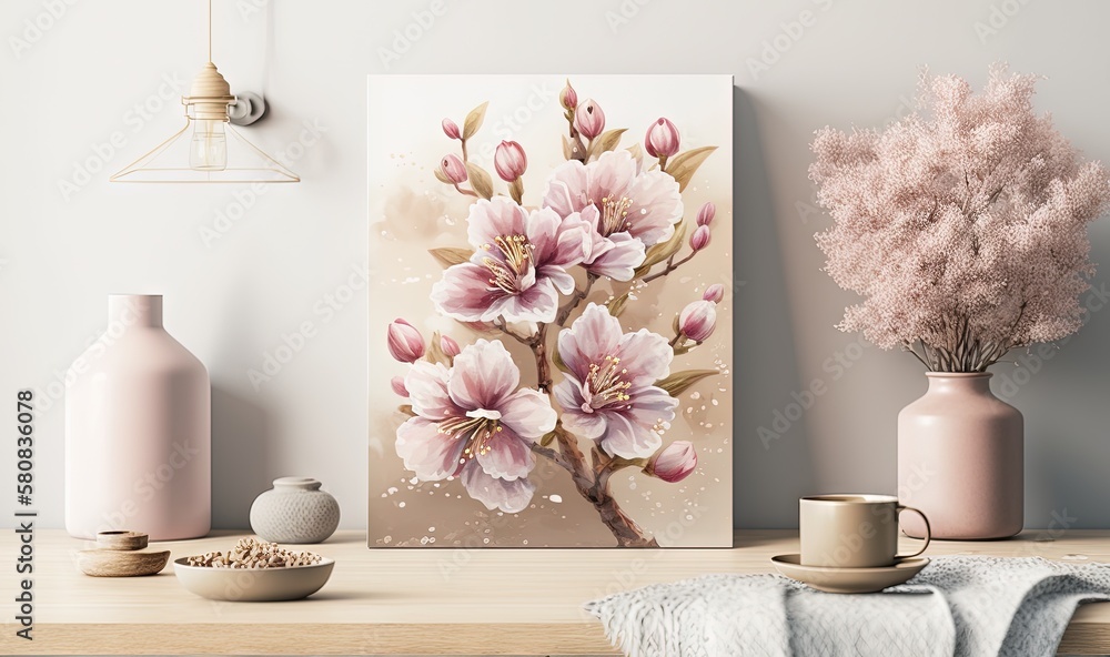  a painting of pink flowers in vases on a shelf next to a coffee cup and a vase with a pink flower o