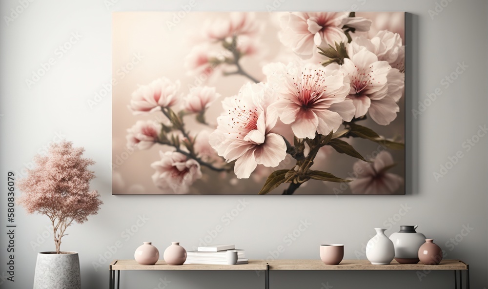  a painting of pink flowers on a white wall above a table with vases and a vase of flowers on a tabl