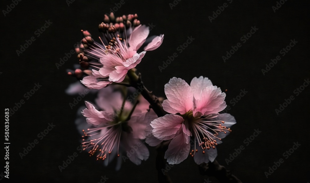  a close up of a pink flower on a branch with a black background in the background is a dark room wi