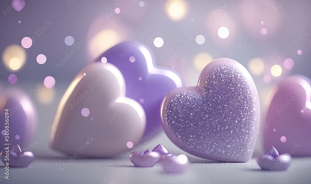  a group of heart shaped candies sitting on top of a table next to a purple and white background wit